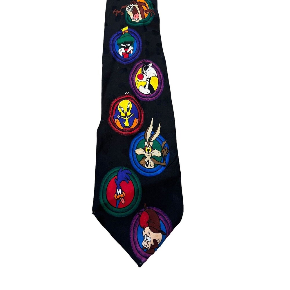 1993 Looney Tunes Silk Tie Bugs Bunny Daffy Tweety Taz Vintage 90s Cartoon